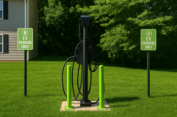 An ev charging station is located in a grassy area between two signs